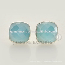 Boucles d&#39;oreilles en argent sterling 925 Boucles d&#39;oreilles en argent sterling bleu turquoise de calcédoine pour femmes